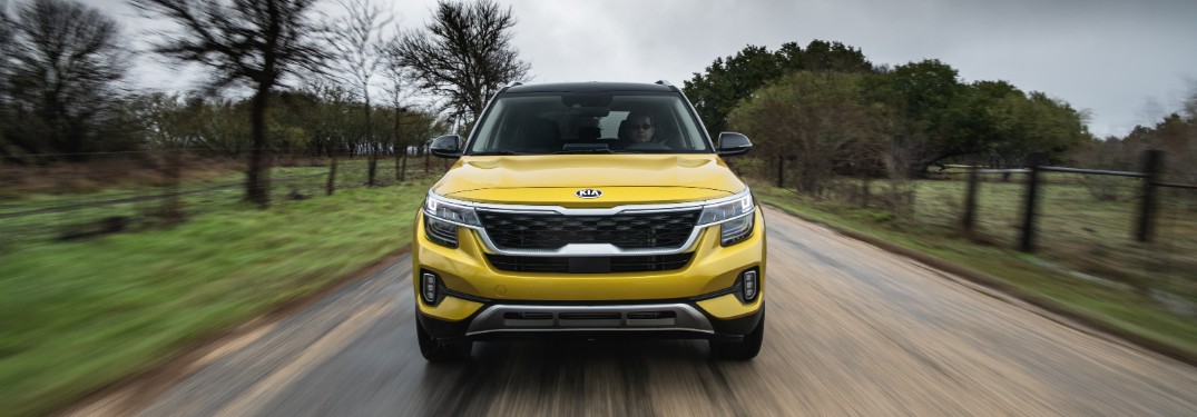 front view of a yellow 2021 Kia Seltos