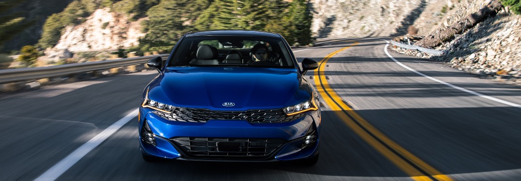 front view of a blue 2021 Kia K5