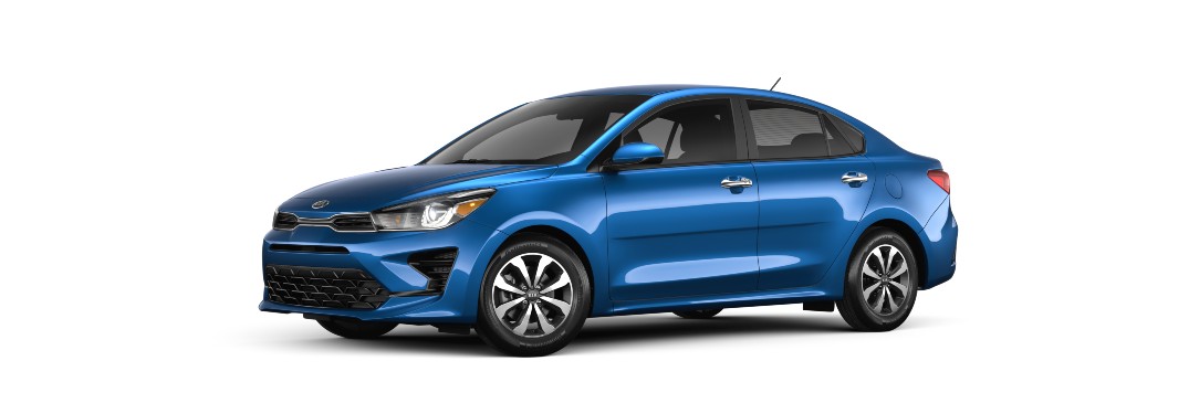 side view of a blue 2021 Kia Rio
