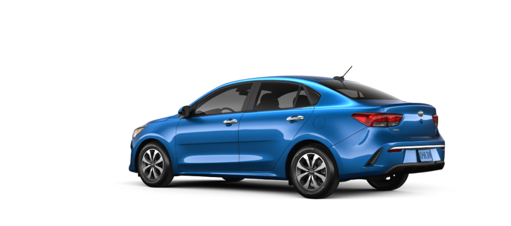 side view of a blue 2021 Kia Rio