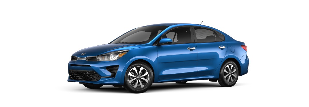 side view of a blue 2021 Kia Rio