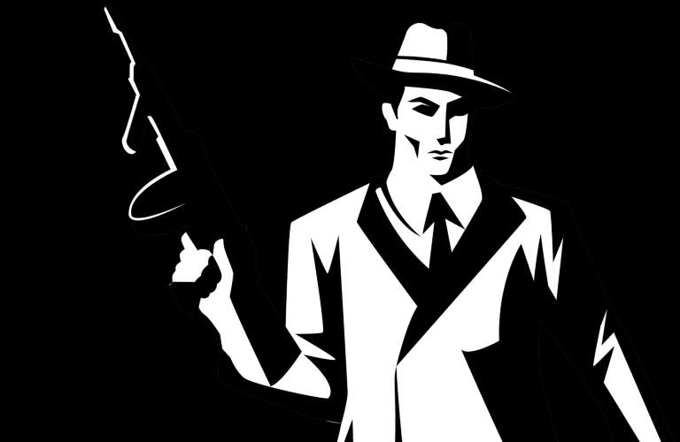 Stylized cartoon silhouette of a mobster holding a tommy gun.