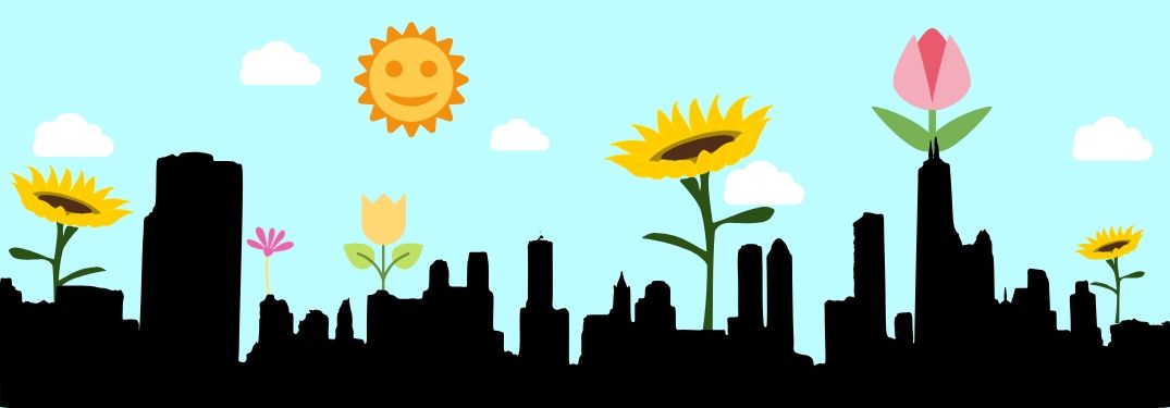 City skyline dotted with flowers and clouds to represent spring.