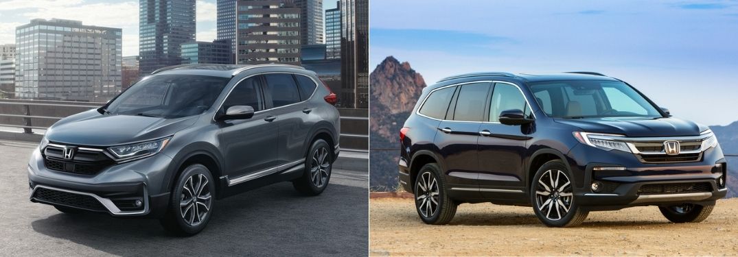 Gray 2021 Honda CR-V in a Parking Lot vs Black 2021 Honda Pilot in a Desert