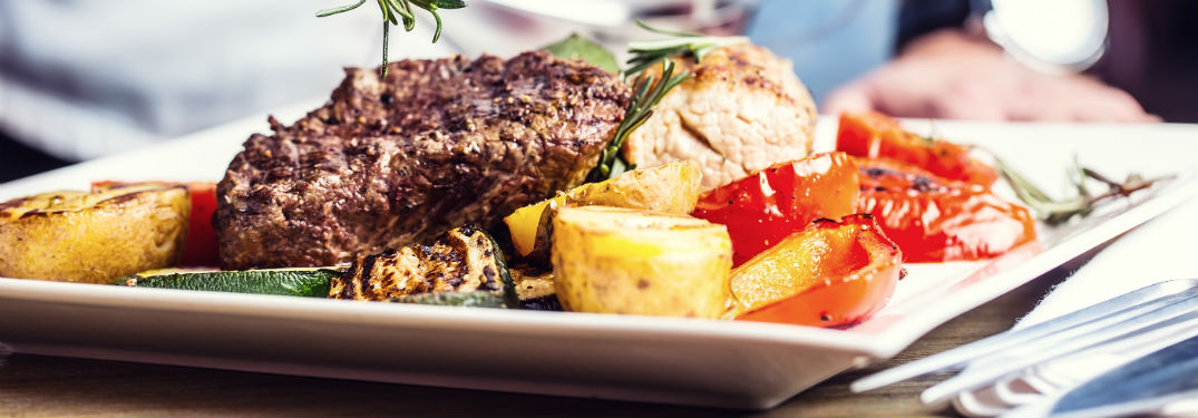 plate of steak tomatoes and potatoes