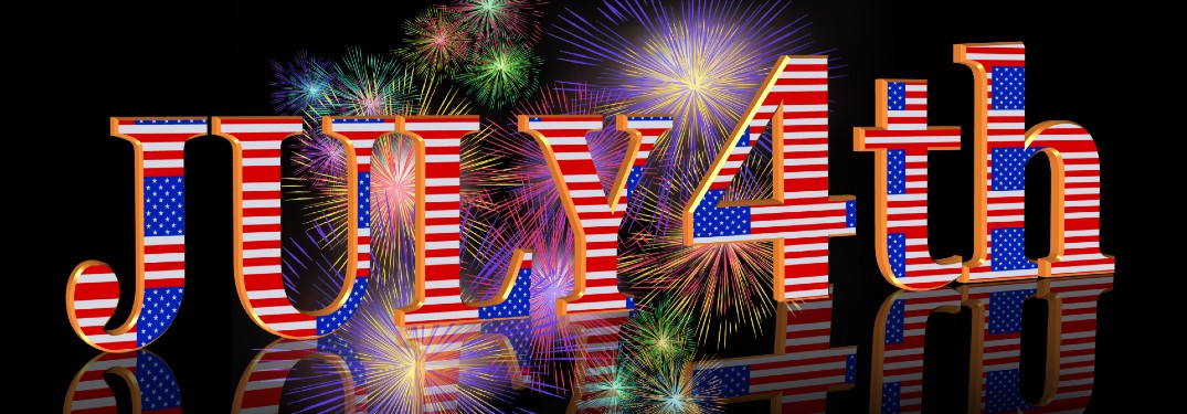 July 4th and 4th of July text in Stars and Stripes coloring with fireworks in the background