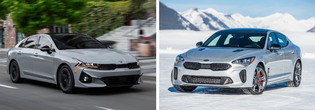 2021 Kia K5 in gray and 2021 Kia Stinger in silver