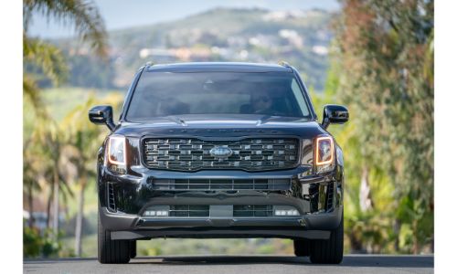 2021 Kia Telluride Nightfall Edition exterior front shot of grille, bumper, and headlights