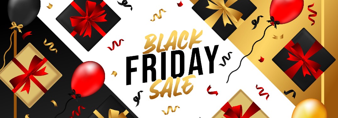 Black Friday Sale banner with present boxes tied with ribbons