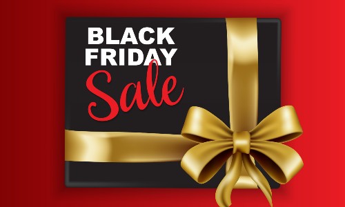 Black Friday Sale text on a black present with a gold ribbon on a red background