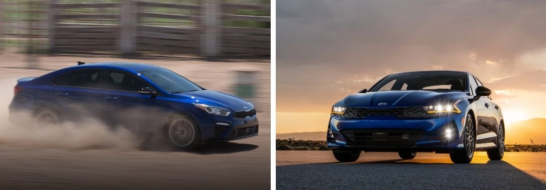 2021 Kia Forte in blue and 2021 Kia K5 in blue