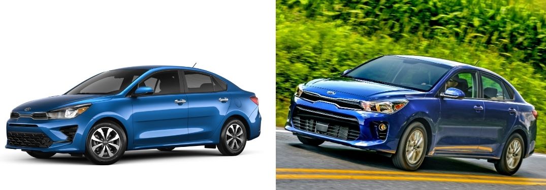2021 Kia Rio and 2020 Kia Rio models in blue