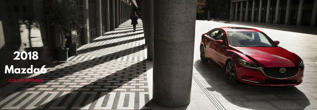 2018 Mazda6 Color Options, text on an image of the front exterior of a red 2018 Mazda6