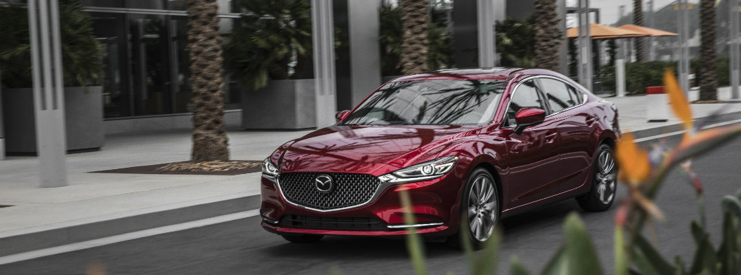 red-2018-Mazda6-driving-by-palm-trees-and-flowers