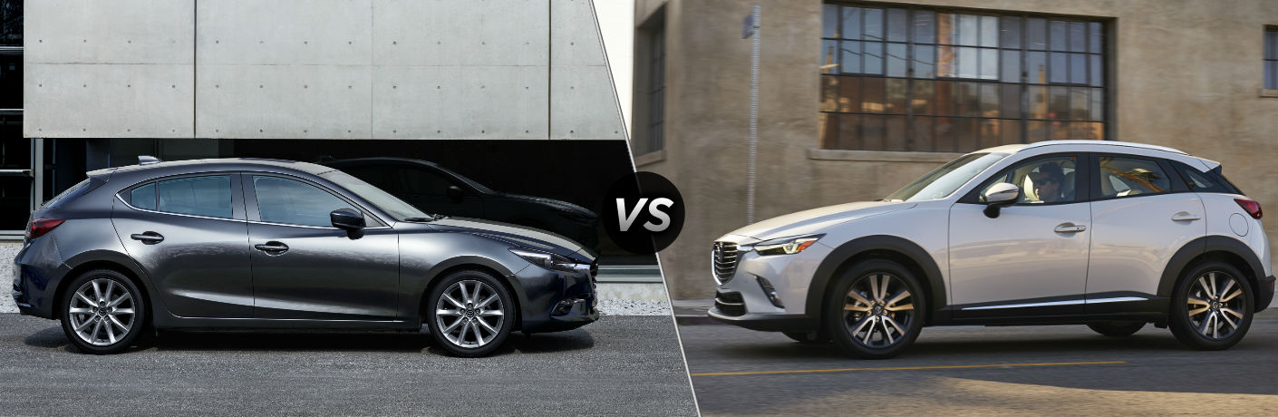 Passenger side exterior view of a gray 2018 Mazda3 5-Door on the left "vs" driver side exterior view of a white 2018 Mazda CX-3