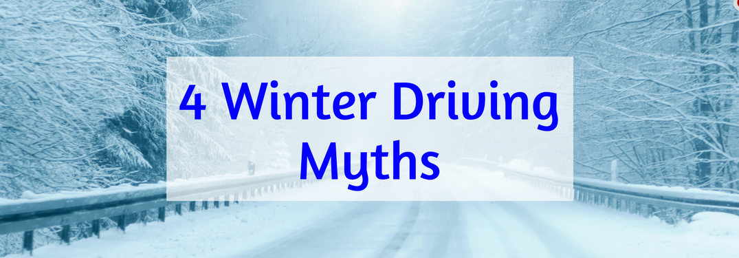 snowy forest road background with text "4 winter driving myths" over it