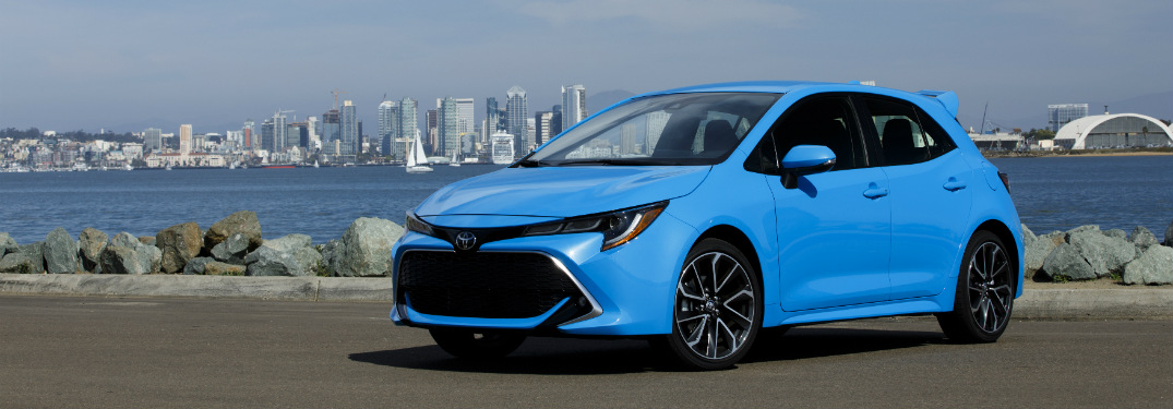 front and side view of blue 2019 toyota corolla hatchback