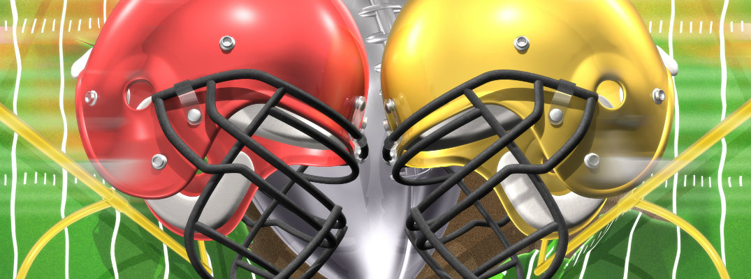 football helmets clashing in faceoff