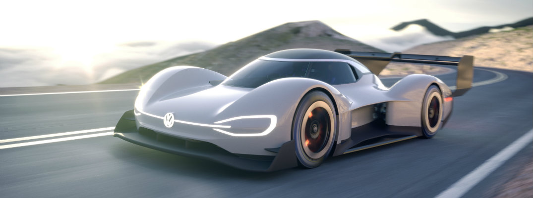 Volkswagen I.D R Pikes Peak concept electric racing car exterior shot speeding down highway
