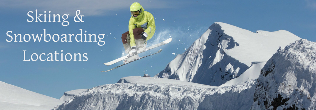 Sking and Snowboarding Locations Title and Skier in the Snowy Mountains