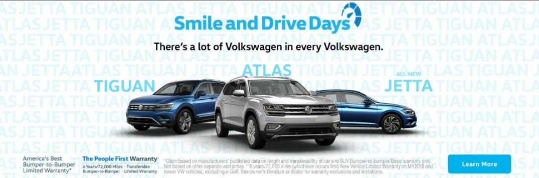 Smile and Drive Days Title, Blue VW Tiguan, Silver VW Atlas, and Blue VW Jetta