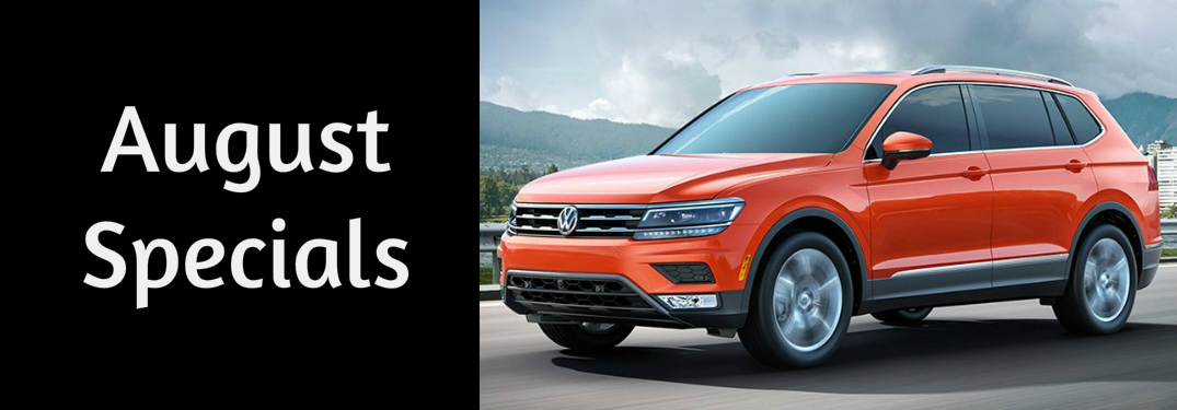 August Specials Title and an Orange 2018 VW Tiguan