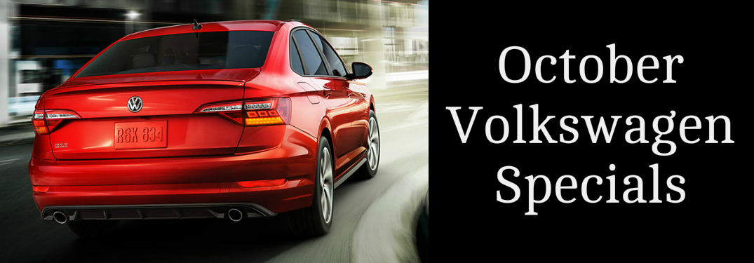 October Volkswagen Specials title and a red 2019 Volkswagen Jetta GLI