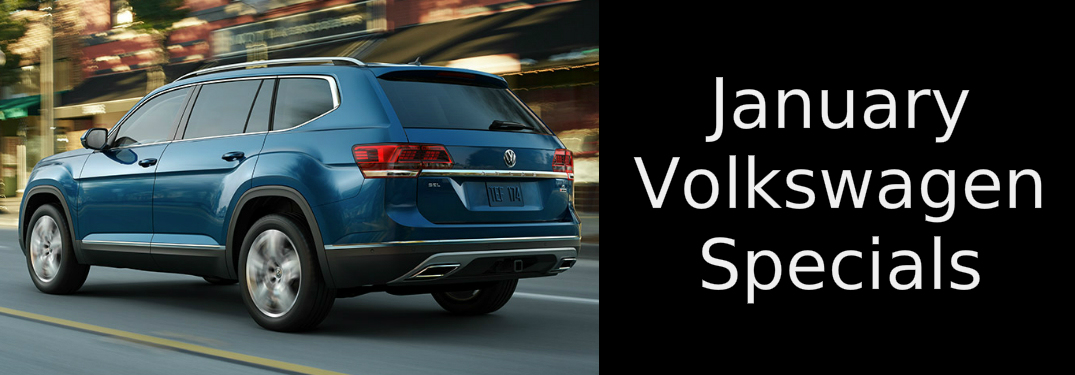 January Volkswagen Specials title and a blue 2019 Volkswagen Atlas