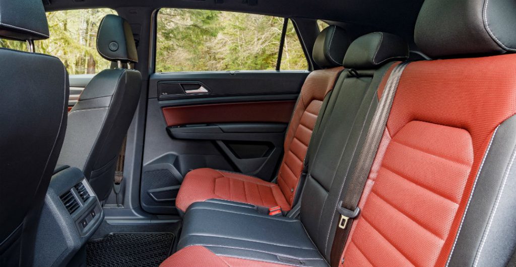 Red and grey rear seats in 2020 Volkswagen Atlas Cross Sport