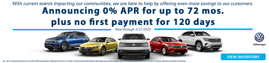Five Volkswagen models and details of the Volkswagen payment deferment program and 0% financing incentive