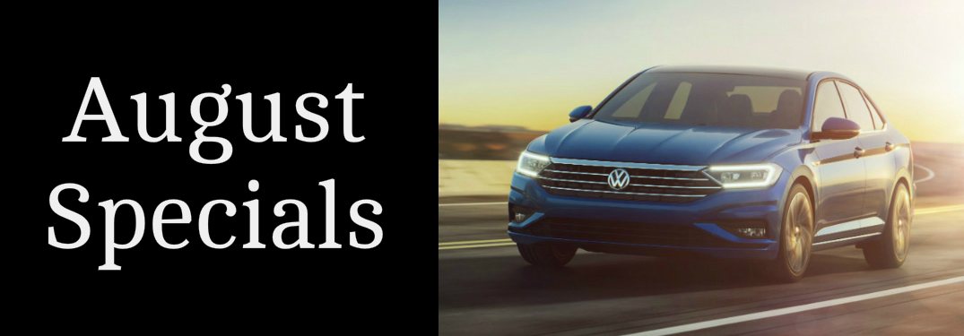 August Specials Title and a Blue 2019 VW Jetta