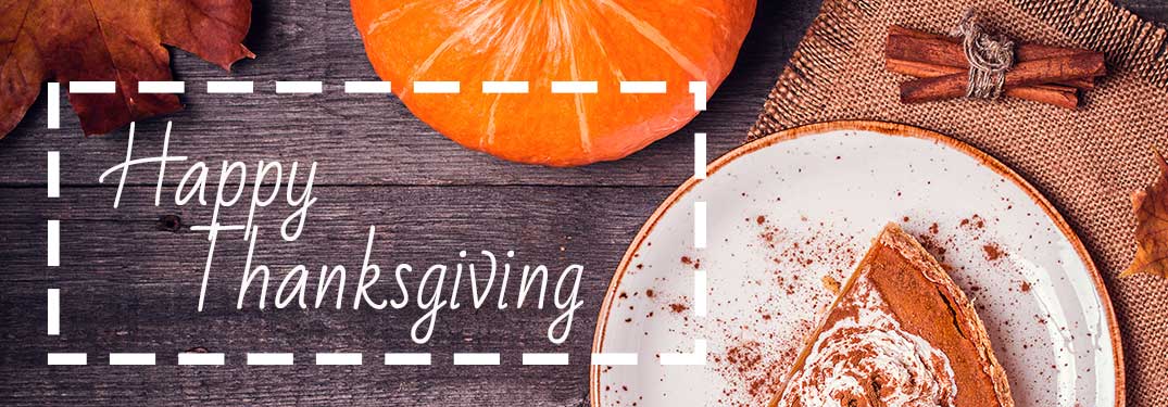 Happy Thanksgiving title and a slice of pumpkin pie