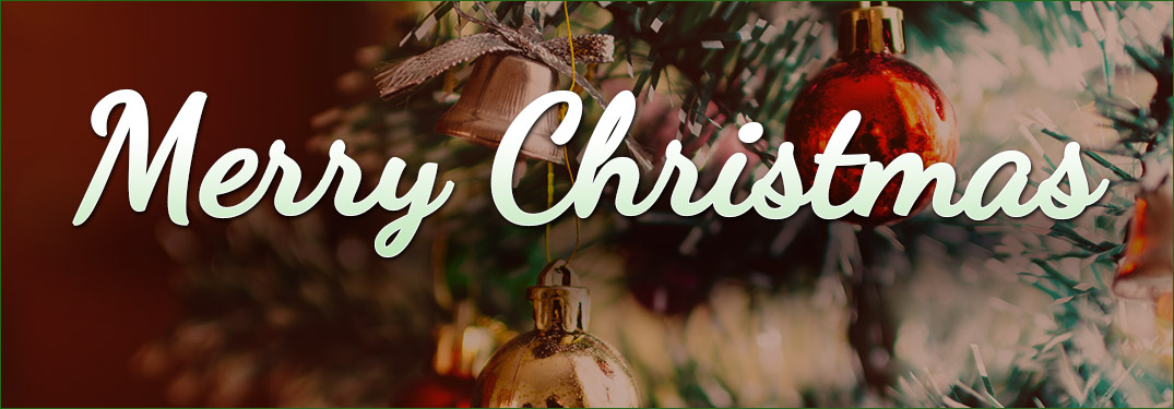 Merry Christmas title with a Christmas tree in the background
