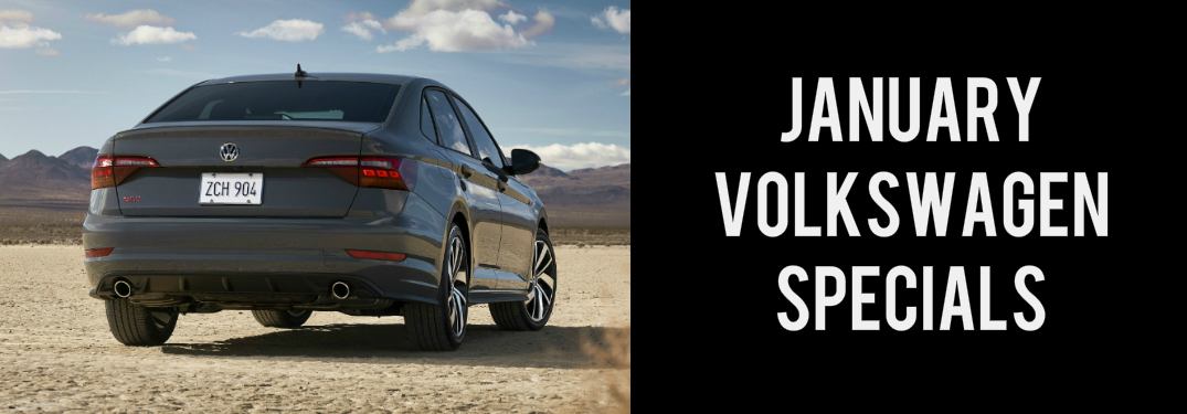 January Volkswagen Specials title and a grey 2019 Volkswagen Jetta GLI