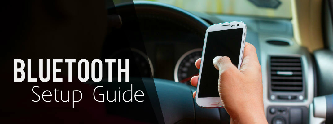 Person holding a phone with text that says "Bluetooth setup guide"