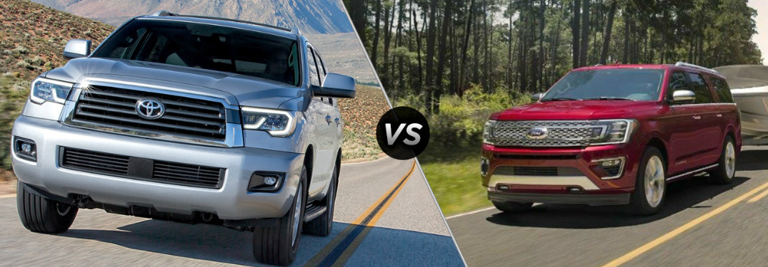 Split screen images of the 2018 Toyota Sequoia and the 2018 Ford Expedition