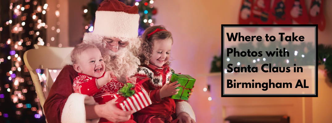 Two children on Santa's lap with "Where to Take Photos with Santa Claus in Birmingham AL" black text