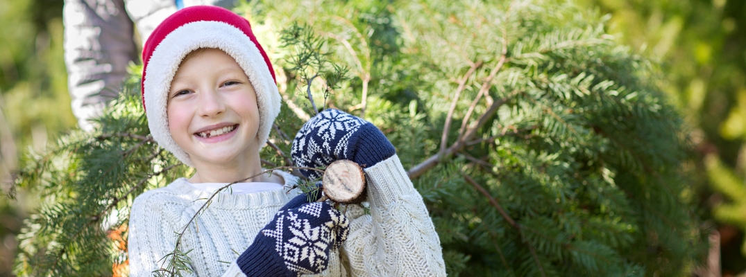 Kid holding Christmas tree over shoulder