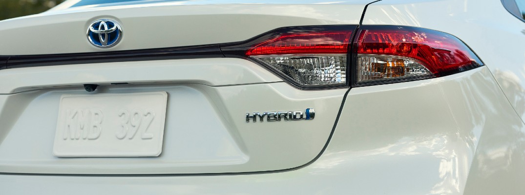 A photo of the badges used on the back of the 2020 Toyota Corolla Hybrid.