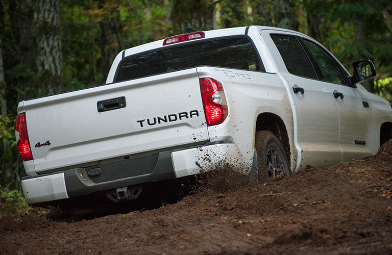 A rear photo of the 2020 Toyota Tundra crossing a dirt trail in the woods.