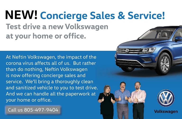 An image of the Concierge Sales & Service announcement with the heading of "New! Concierge Sales & Service! Test drive a new Volkswagen at your home or office."