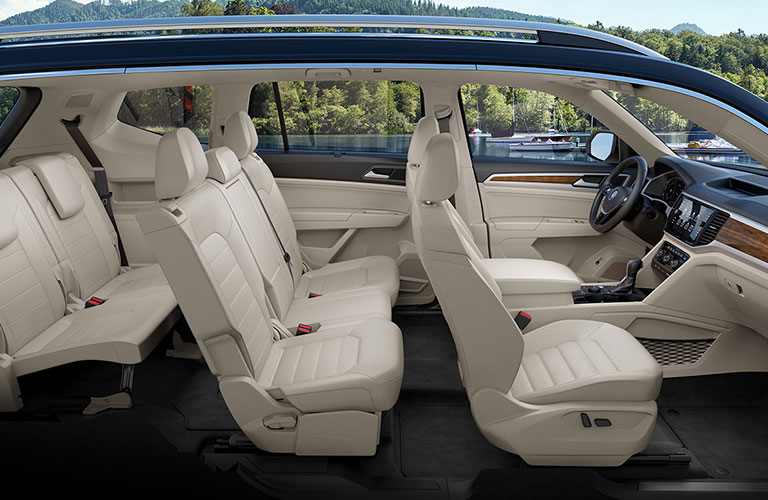 An interior side rendering of the three-row seating in a 2020 Volkswagen Atlas.
