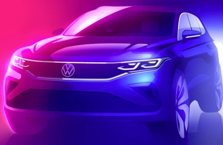 The sketch released of the 2021 Volkswagen Tiguan, drawn with bright pink and blue colors.