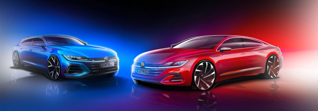 A teaser image of the 2021 Volkswagen Arteon in its two exterior styles.