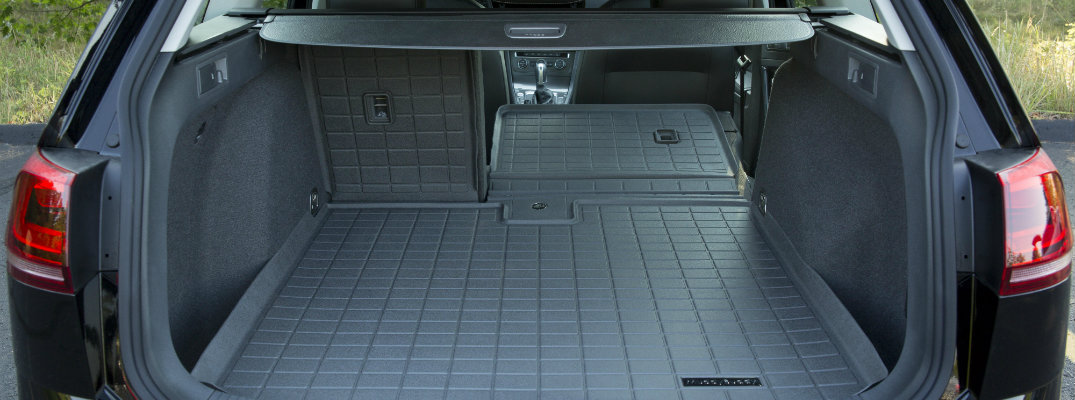 2018 VW Golf Alltrack outfitted with an extended Muddy Buddy trunk liner that fits over the 60/40 split-fold rear seats