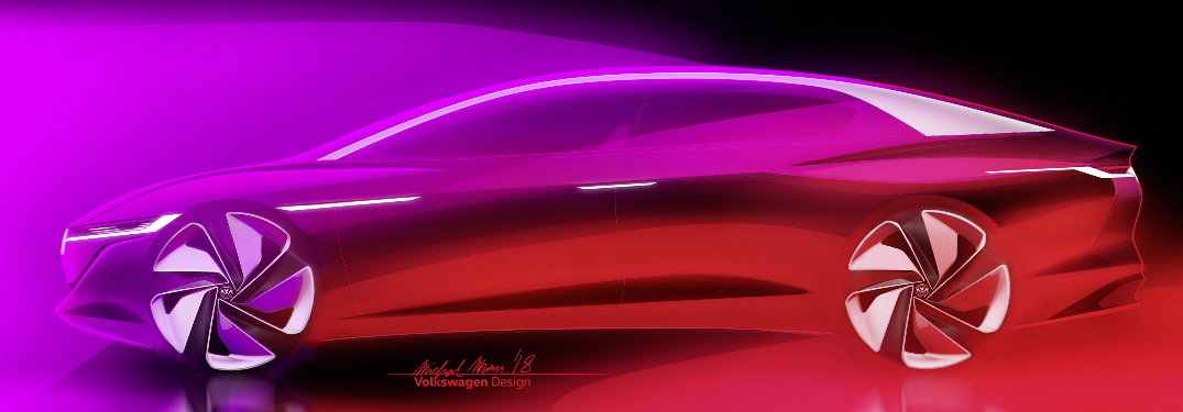 Side View of Volkswagen I.D. VIZZION with Purple and Red Shading Around It