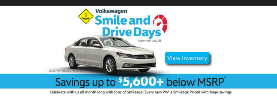 Volkswagen Smile and Drive Days Heading and a White 2018 VW Passat