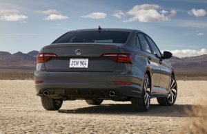 Rear view of grey 2019 Volkswagen Jetta GLI