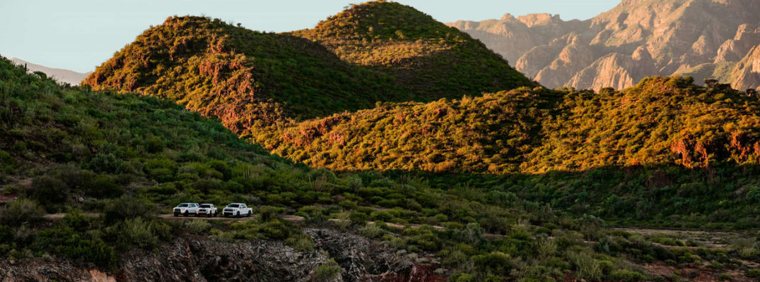 A teaser photo of new TRD-branded Toyota vehicles in the distance.