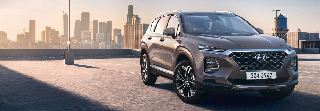 Front exterior view of a gray 2019 Hyundai Santa Fe